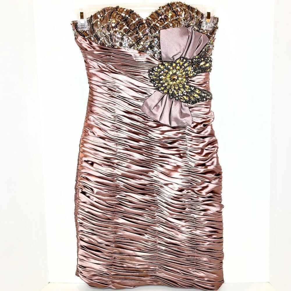 Nwot Terani Couture Women's Size 4 Blush Sequin & Rhinestone Rouche Formal Dress